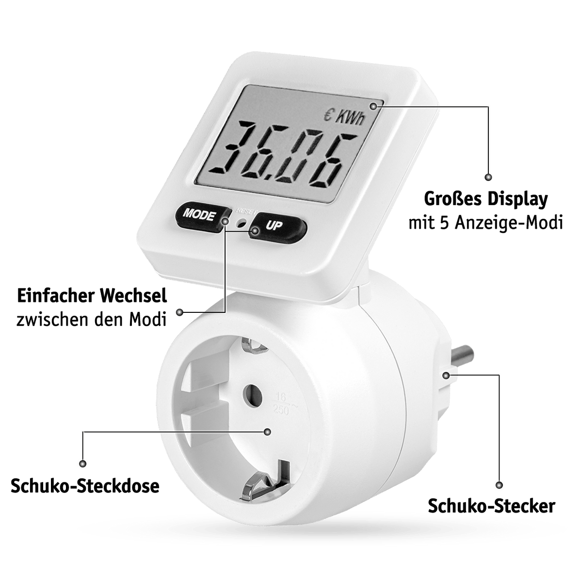 WALTER Steckdosenadapter mit Stromzähler