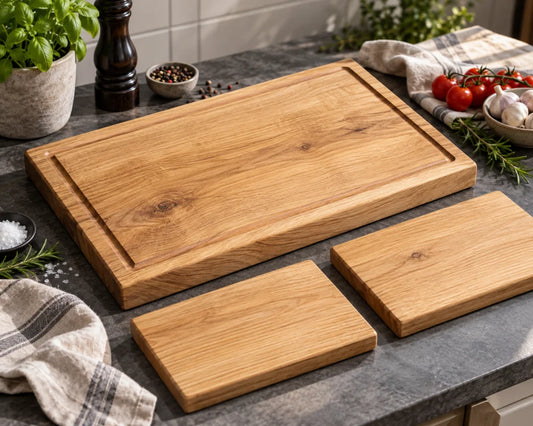 TAFELRUNDE Eiche-Schneidebrett-Set mit 50 × 30 × 4 cm Hauptbrett und zwei Vesperbrettern 30 × 20 cm als Beispiel-Zusammenstellung; wahlweise 1, 2 oder 4 kleine Bretter