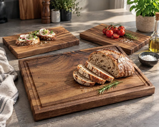 KÜCHENHELD Nussbaum-Schneidebrett-Set: massives Hauptbrett 40 × 30 × 4 cm mit zwei Vesperbrettern 30 × 20 cm als Beispiel-Zusammenstellung; 1, 2 oder 4 kleine Bretter wählbar