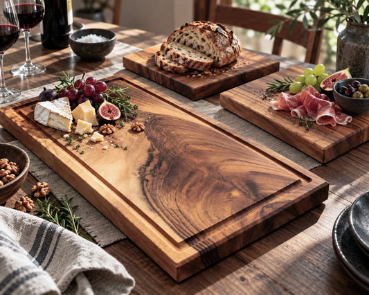 Nussbaum-Vollholz-Set TAFELRUNDE mit großem Schneidebrett und zwei Frühstücksbrettern als Beispiel für die frei wählbare Set-Größe