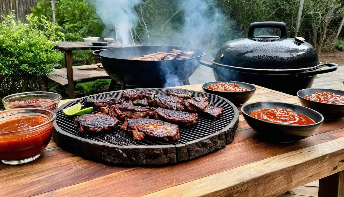 Gegrillte Steaks mit Limettenscheiben auf einem runden, dunklen Steingrill.