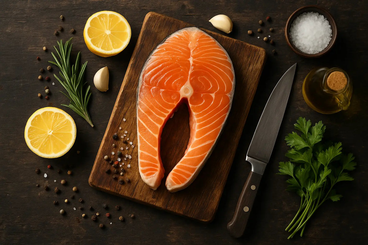 Rustikales Titelbild mit rohem Lachssteak auf Holzbrett, umgeben von frischen Kräutern, Zitronenhälften, Knoblauch, Pfeffer, Meersalz und Olivenöl – begleitet von einem scharfen Küchenmesser. Textaufschrift: BBQ & Grill Fish Trends 2025