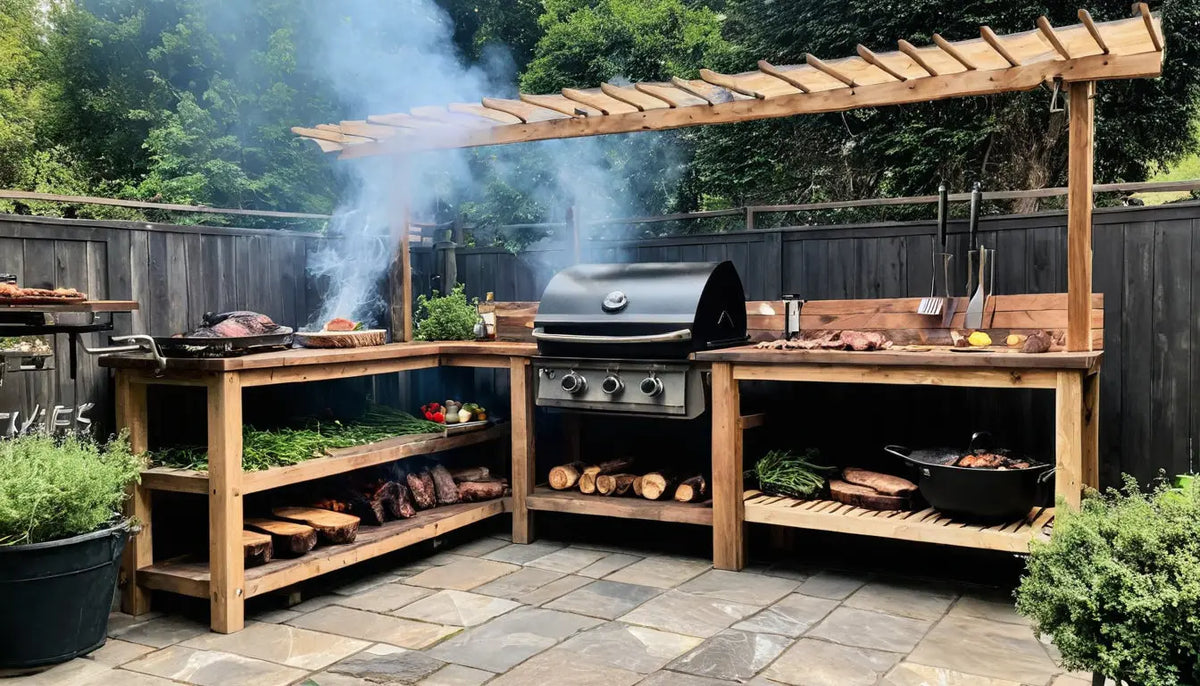 BBQ-Insel aus Holz mit mehreren Grills und Stauraum.