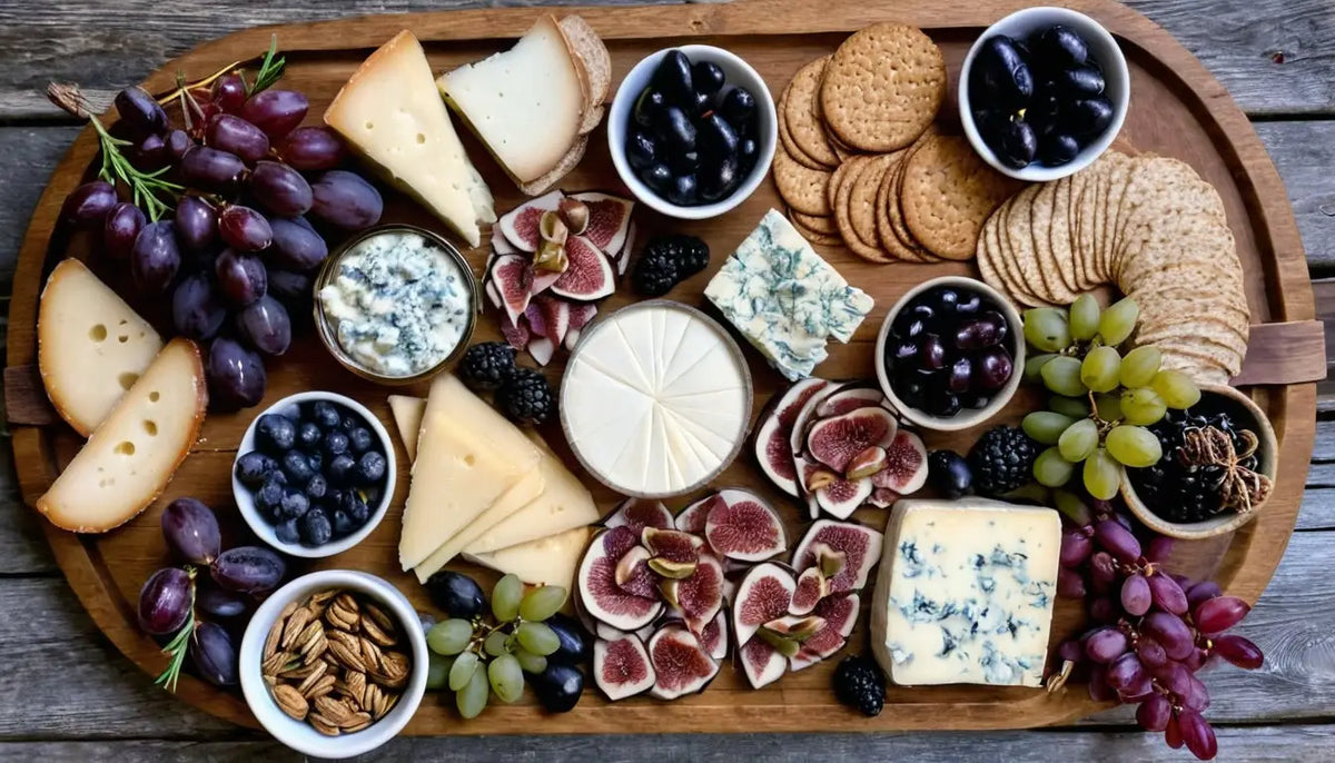 Wunderschön angerichtetes Charcuterie Board mit Käse, Wurst, Obst und Dips auf einem rustikalen Holzbrett – von oben fotografiert bei natürlichem Licht.