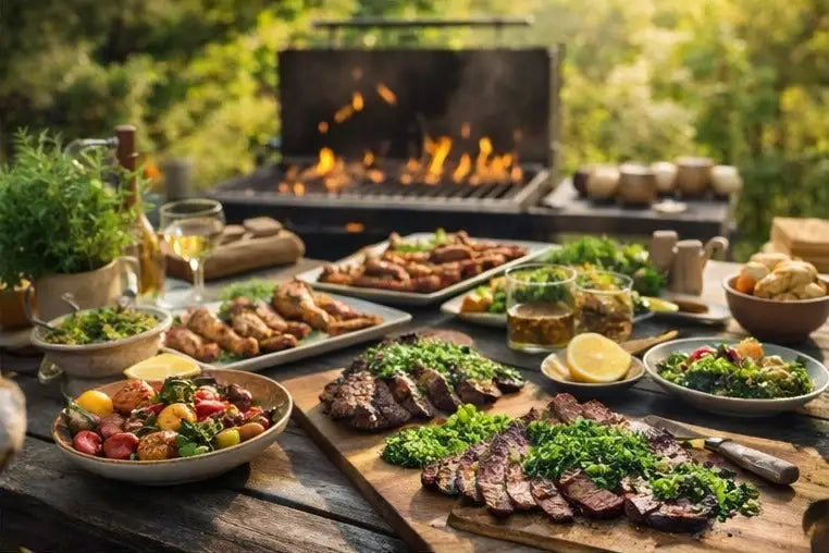 Frühlingsgrillen auf massivem Holzbrett mit gegrilltem Fleisch, frischen Kräutern, saisonalen Beilagen und natürlicher Outdoor-BBQ-Stimmung