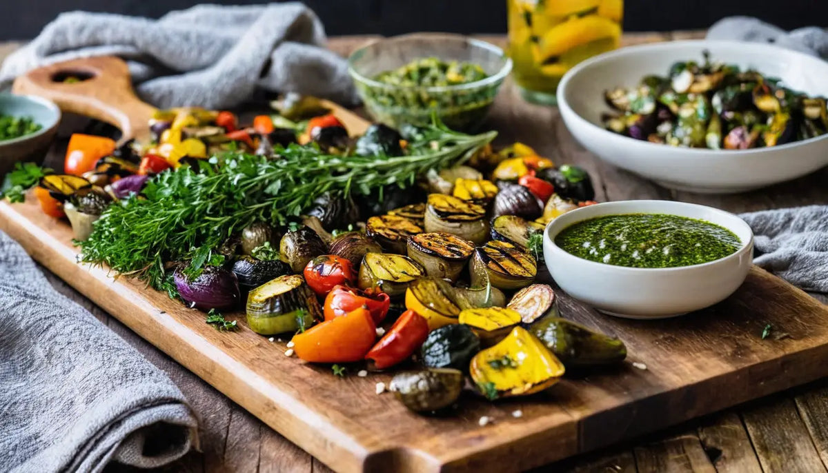 Gegrilltes Gemüse auf rustikalem Holzbrett mit Chimichurri und Damastmesser im Sonnenlicht