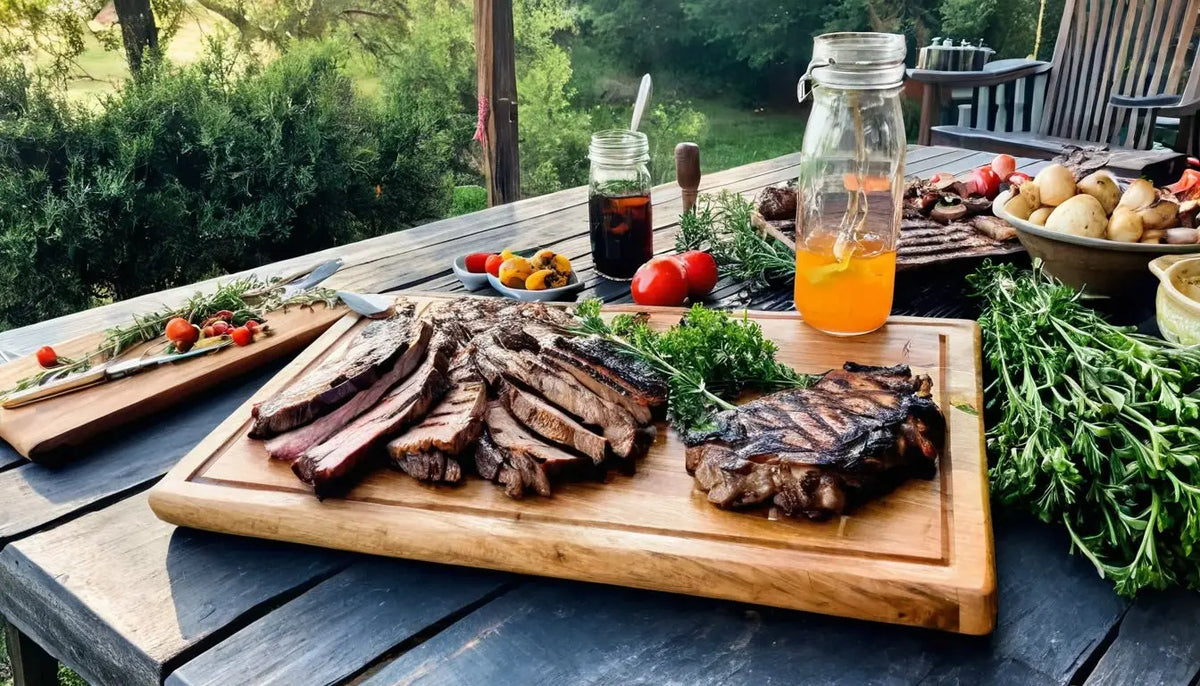 Outdoor BBQ-Szene im Sommer mit rustikalem Holzbrett, gegrilltem Fleisch und Gemüse, Damastmesser und frischen Kräutern auf einem gedeckten Tisch im Halbschatten