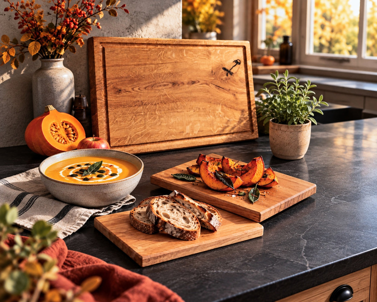 Herbstlicher Tisch mit Kürbissuppe, Ofenkürbis, Sauerteigbrot und Eiche-Schneidebrettern