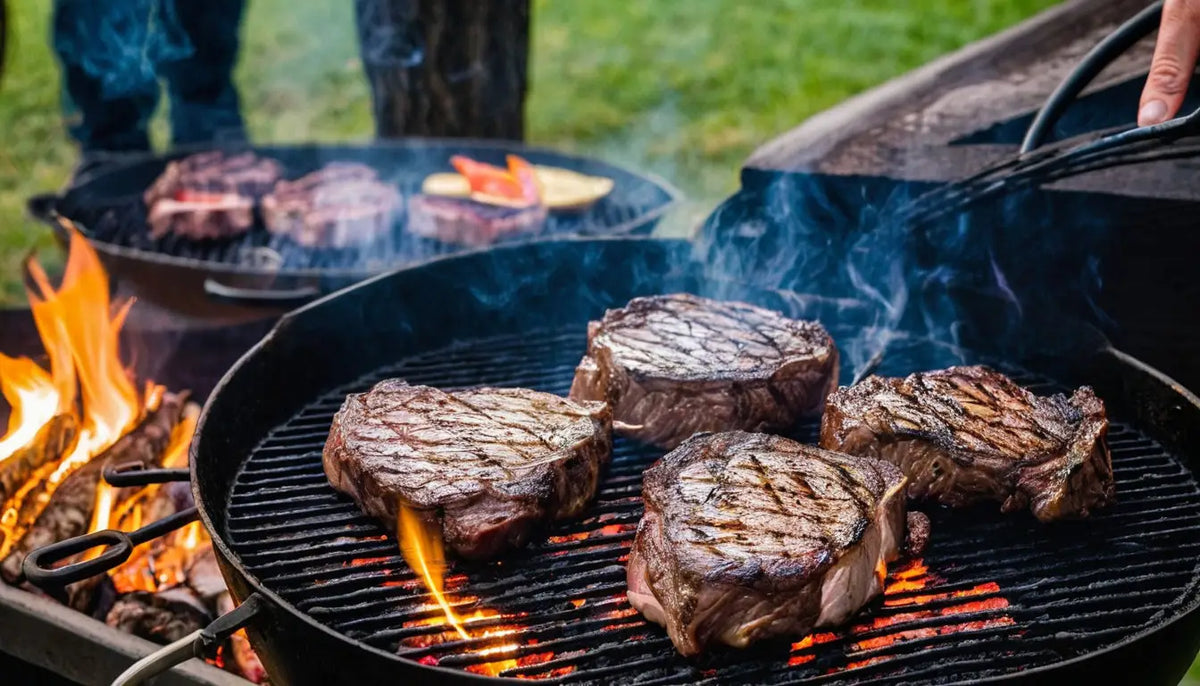 Zwei saftige Steaks beim Reverse Sear auf dem Grill mit offenen Flammen – stimmungsvolle BBQ-Szene bei Sonnenuntergang