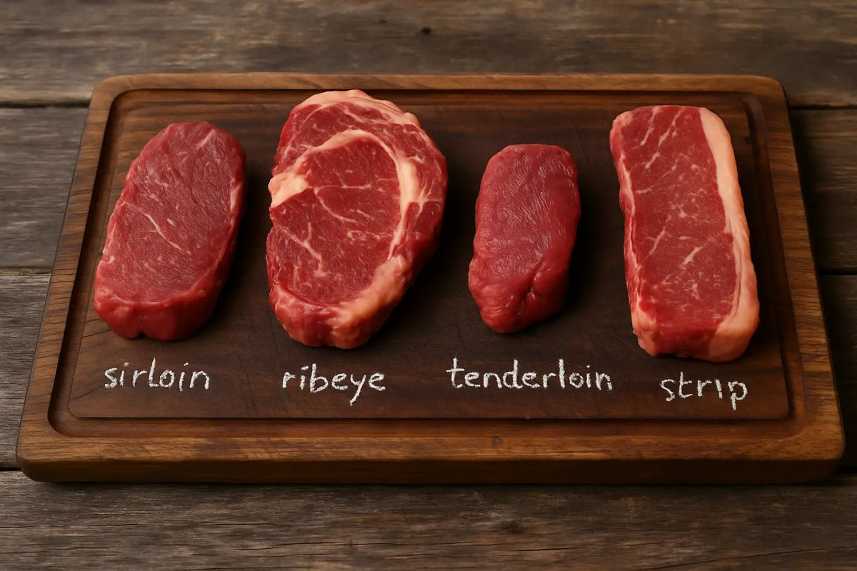 Rohes Ribeye, Rumpsteak, Flank und Filet auf einem Holzbrett – verschiedene Steak-Cuts für den Grill im Überblick