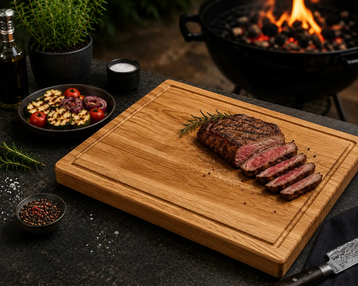 Aufgeschnittenes Steak mit gegrillter Zucchini, Tomaten und roten Zwiebeln auf massivem Eiche-Schneidebrett am Grill
