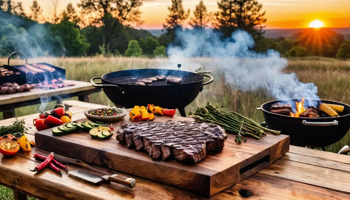 Gegrilltes Steak auf einem hölzernen Schneidebrett mit Gemüse und Gewürzen.