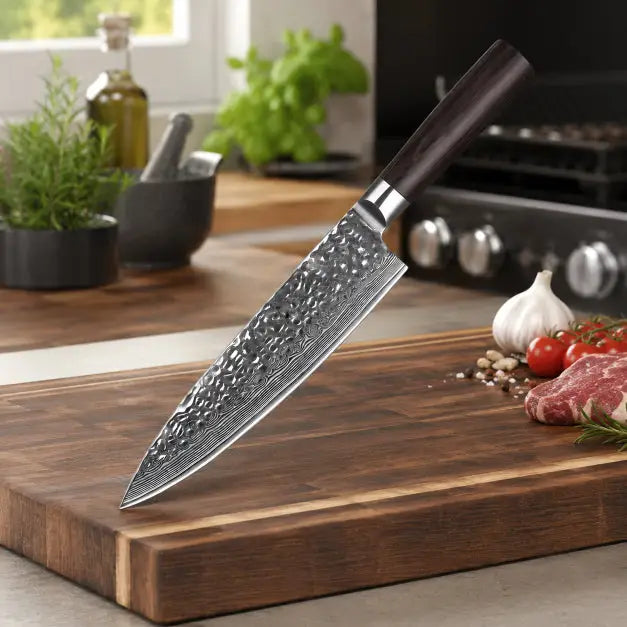 NaturalWood Damastmesser mit Rosenholzgriff – handgeschmiedete Küchenmesser