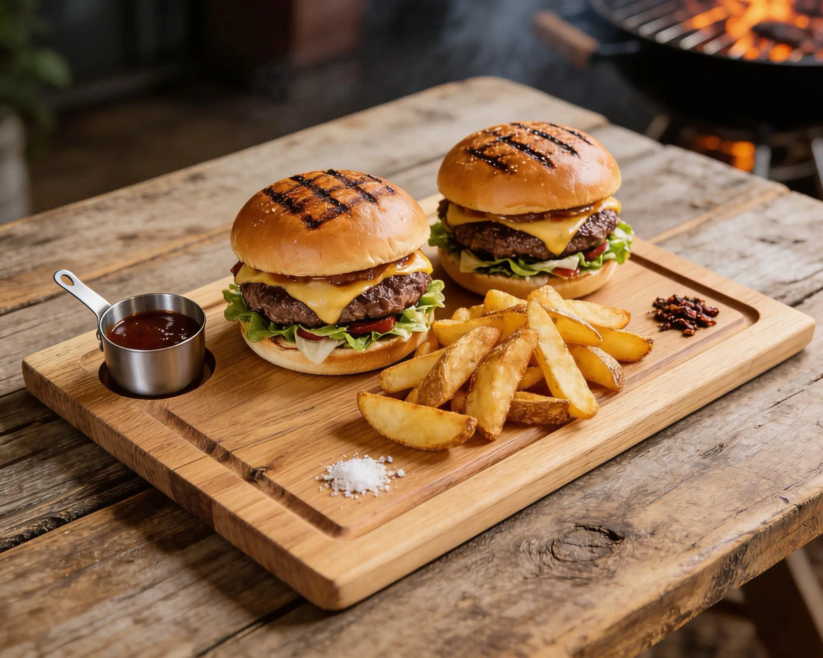 Steak & Burger Bretter aus Vollholz mit Dip Schale