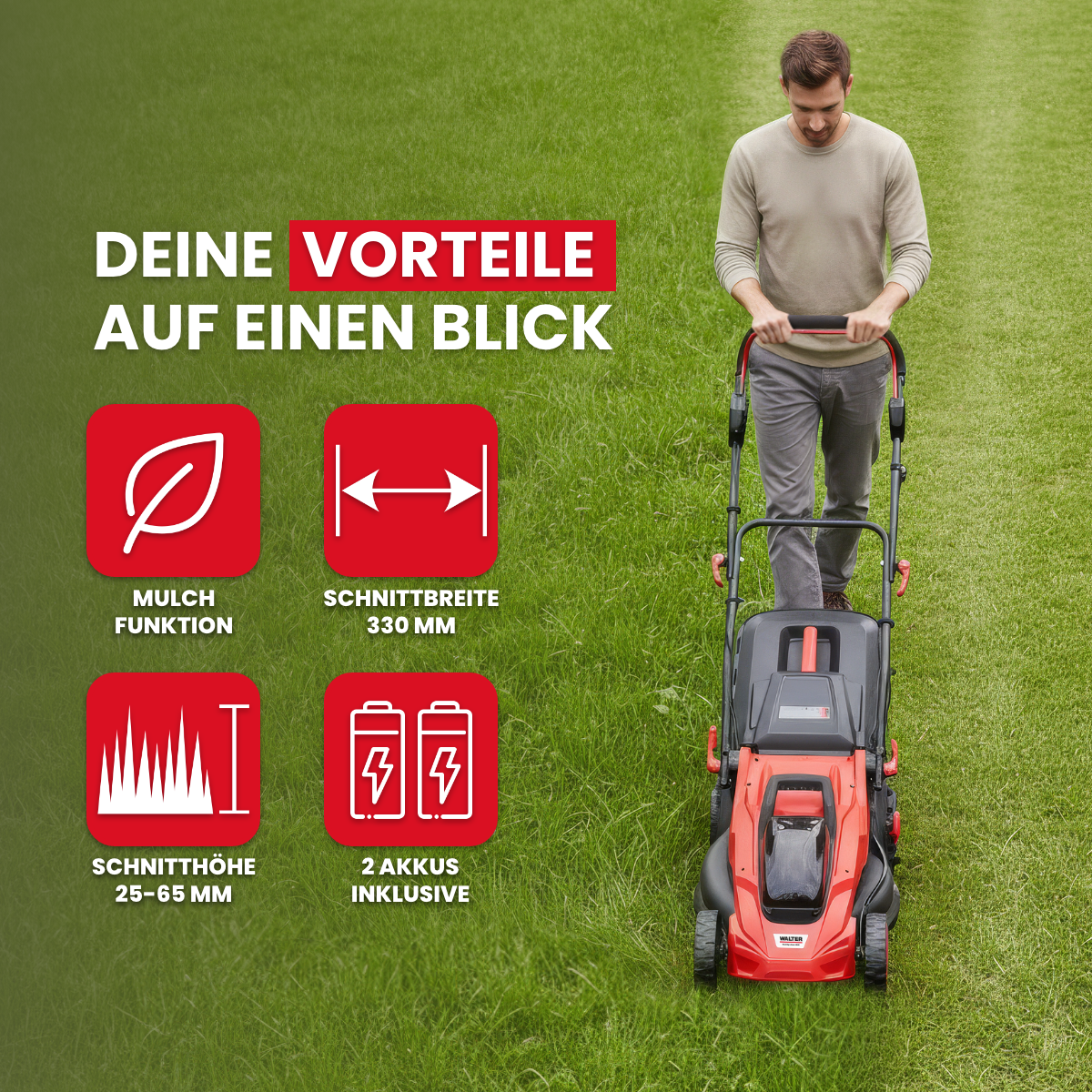 Akku-Rasenmäher mit Mulchfunktion und 2x Akku