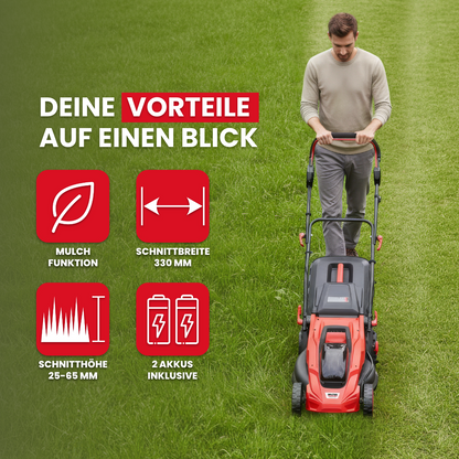 Akku-Rasenmäher mit Mulchfunktion und 2x Akku