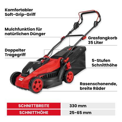 Akku-Rasenmäher mit Mulchfunktion und 2x Akku