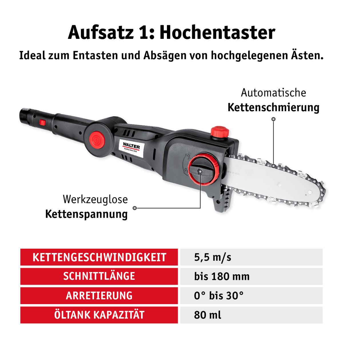 WALTER Akku-Hochentaster Heckenschere 20 V