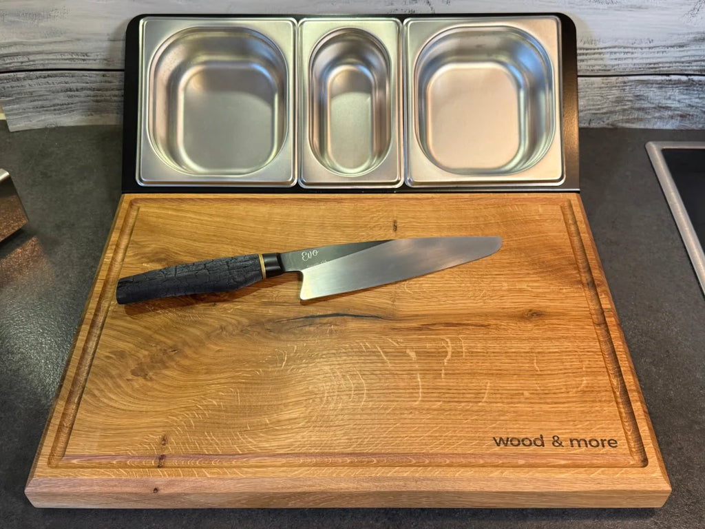 Chefstation Arbeitsstation Eiche 46×32 cm mit Edelstahl-Konsole und drei GN-Behältern