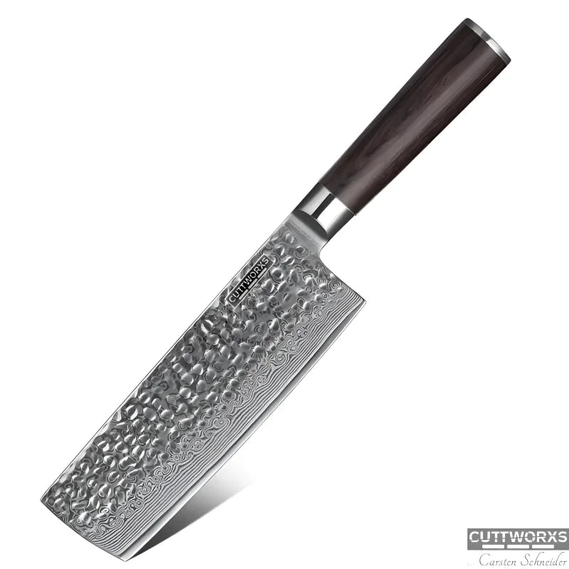 NaturalWood Variantenbild: Damast-Nakirimesser mit Rosenholzgriff neben einem massiven Schneidebrett mit Saftrille