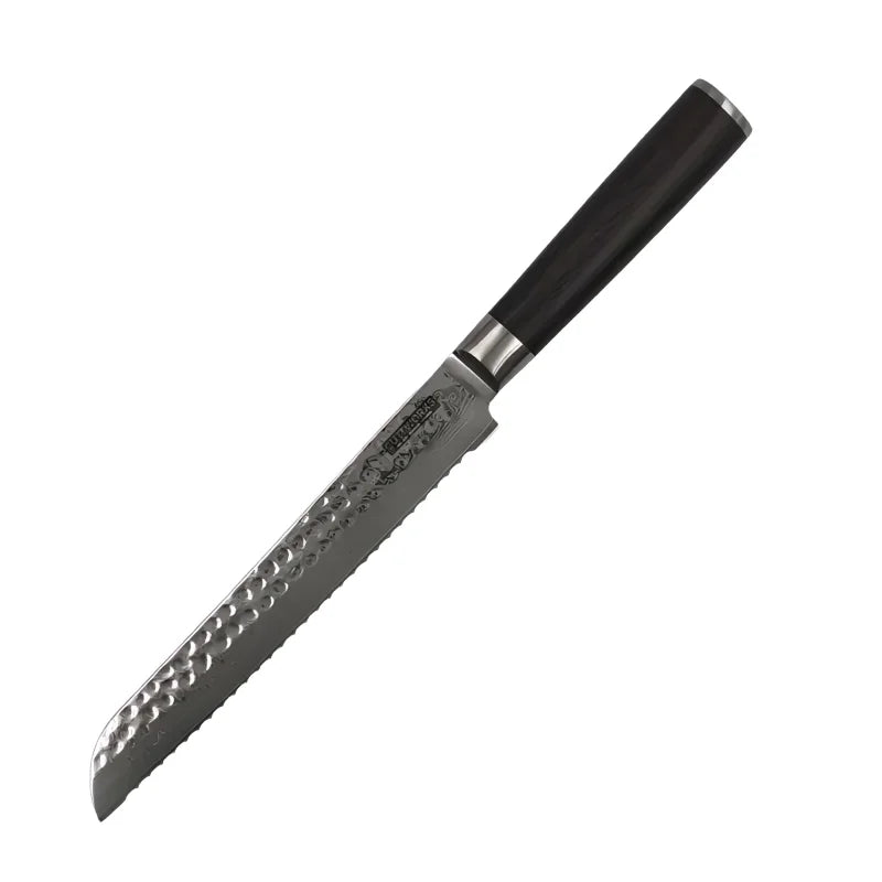 NaturalWood Variantenbild: Damast-Brotmesser mit Rosenholzgriff, Wellenschliff und massives Schneidebrett