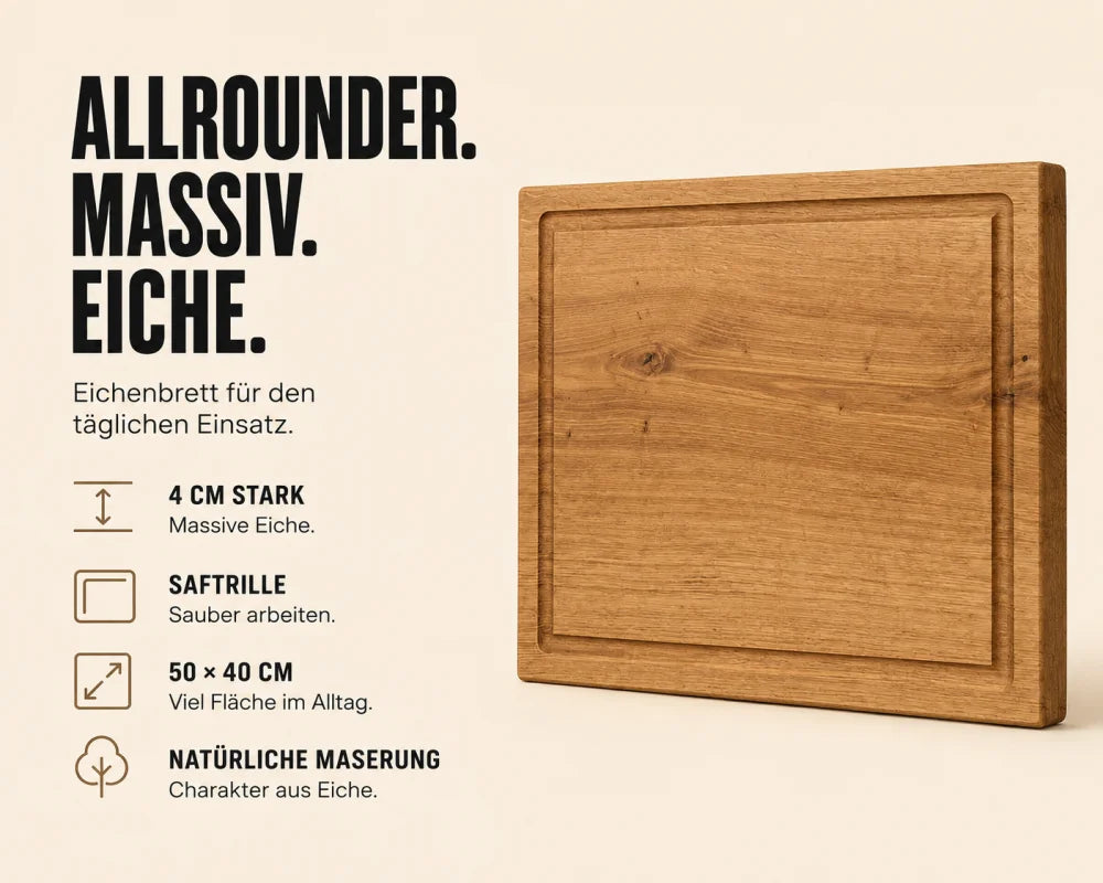 Eiche Schneidebrett 50 × 40 × 4 cm – massives Küchenbrett aus einem Stück Vollholz