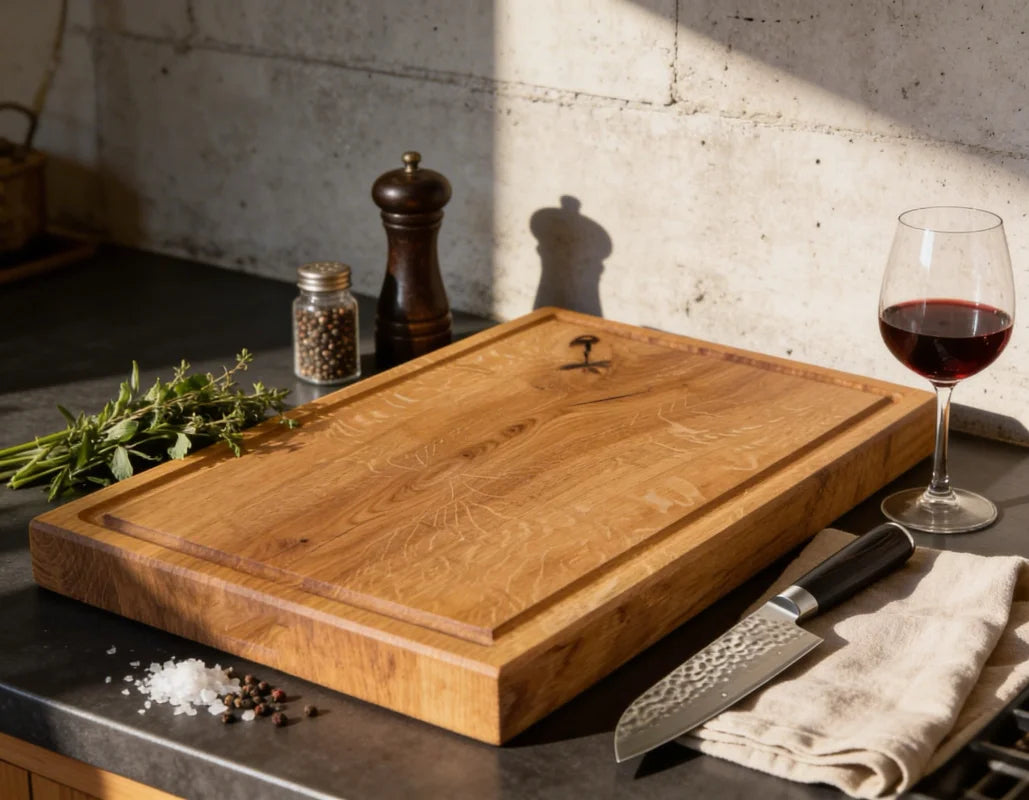 Eiche Schneidebrett 60x40x4 cm mit Saftrille für Fleisch, BBQ und Küche