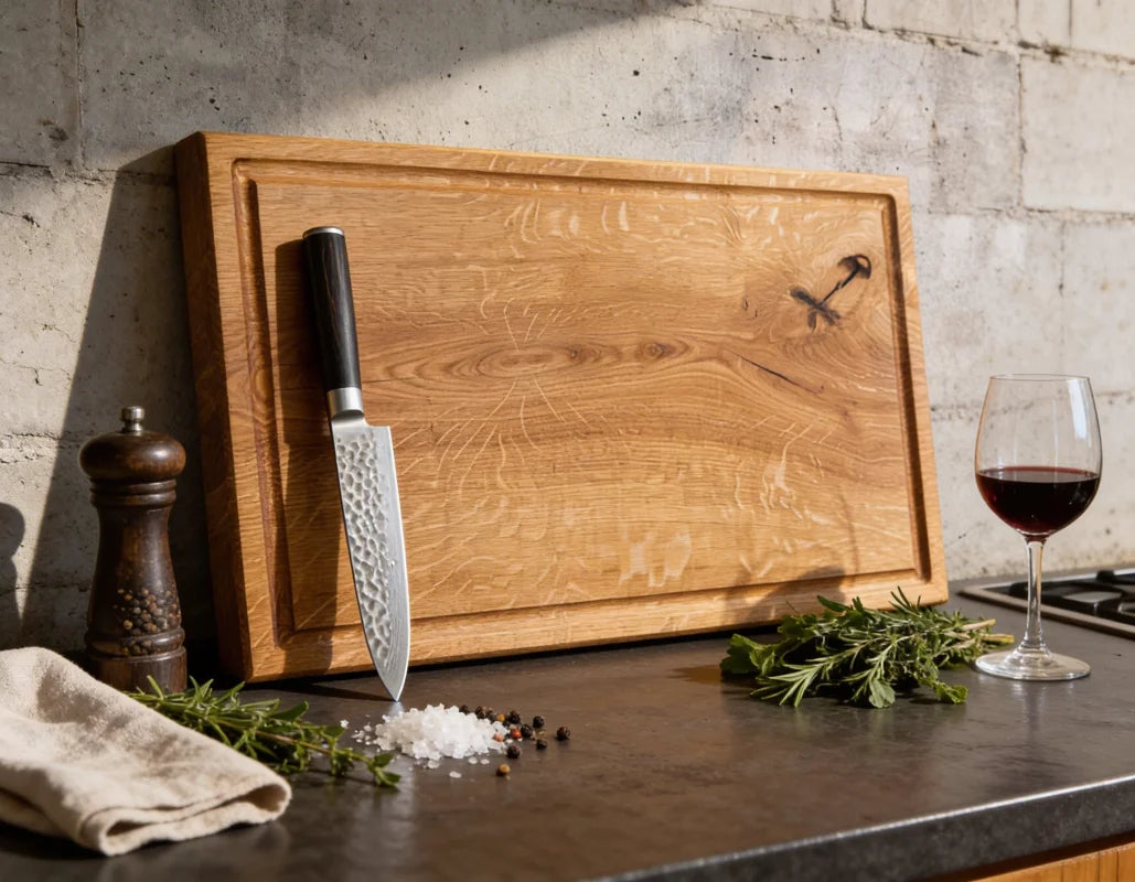 Massives Eiche Schneidebrett 60x40 cm mit Saftrille, großes Küchenbrett und BBQ Brett für Fleisch, Vorbereitung und Servieren