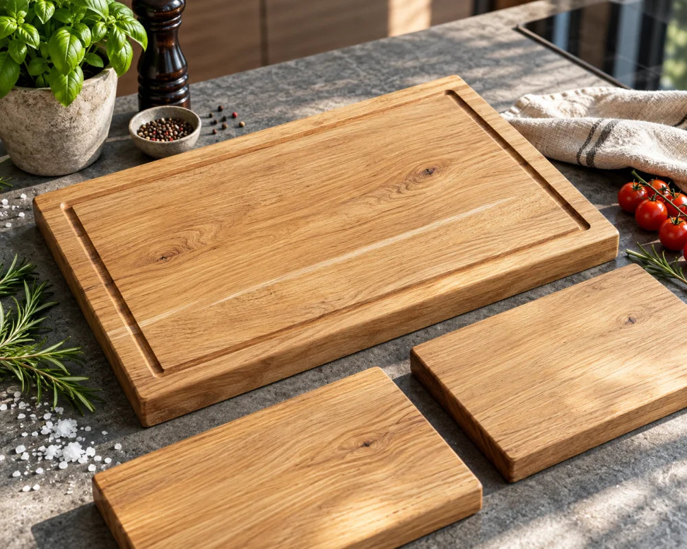 Massives Eiche-Hauptbrett 50 × 30 cm mit zwei Frühstücksbrettern als Beispiel für das individuell zusammenstellbare TAFELRUNDE-Set