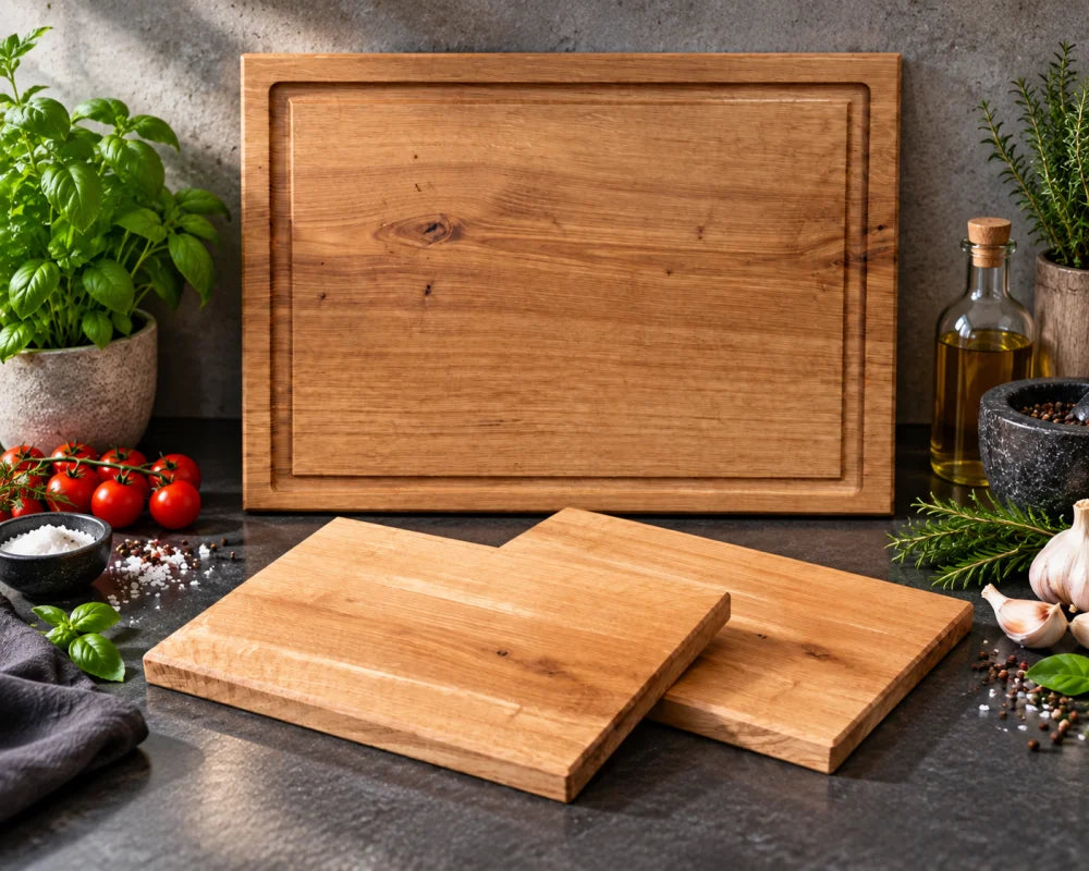 Massives Eiche-Hauptbrett 50 × 40 cm mit zwei Vesperbrettern als Beispiel für das individuell zusammenstellbare FAMILIENTAFEL-Set