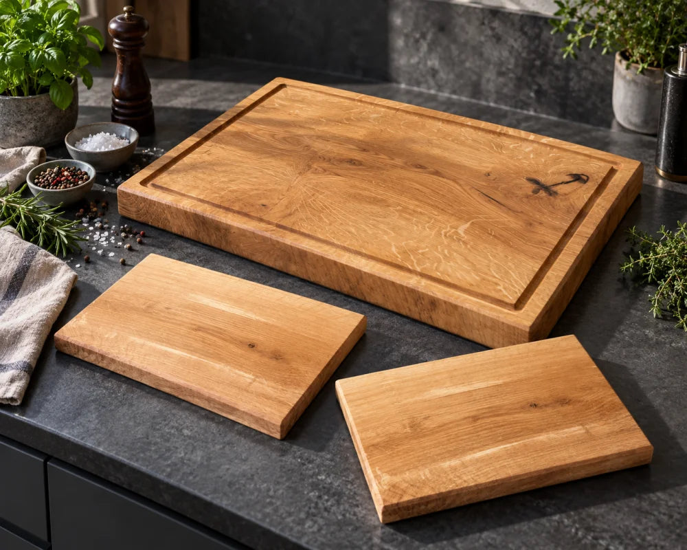 Massives Eiche-Hauptbrett 60 × 40 cm und zwei Frühstücksbretter als Beispiel für das flexibel zusammenstellbare GASTGEBER-Set
