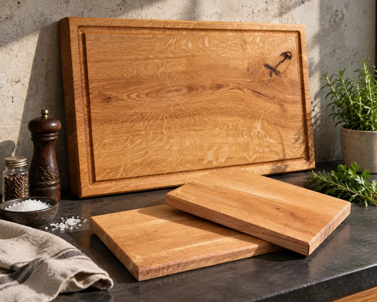 GASTGEBER Eiche-Schneidebrett-Set mit 60 × 40 × 4 cm Hauptbrett und zwei Vesperbrettern 30 × 20 cm als Beispiel-Zusammenstellung; 1, 2 oder 4 kleine Bretter wählbar