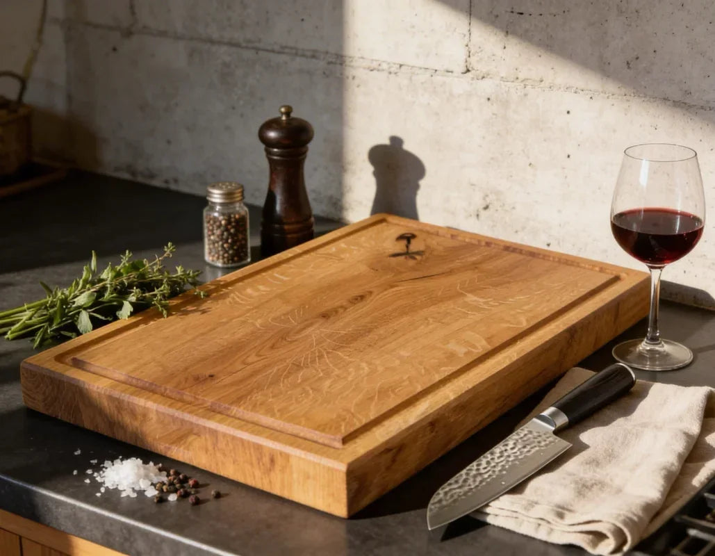 Großes Eiche-Schneidebrett 60 × 40 × 4 cm mit Saftrille – GASTGEBER-Set