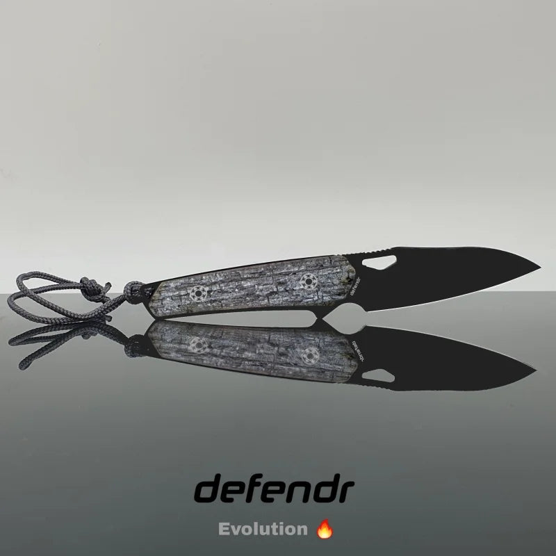 Sleek black and gray Defendr Evolution Jagdmesser mit Flamewood Griff und Lanyard