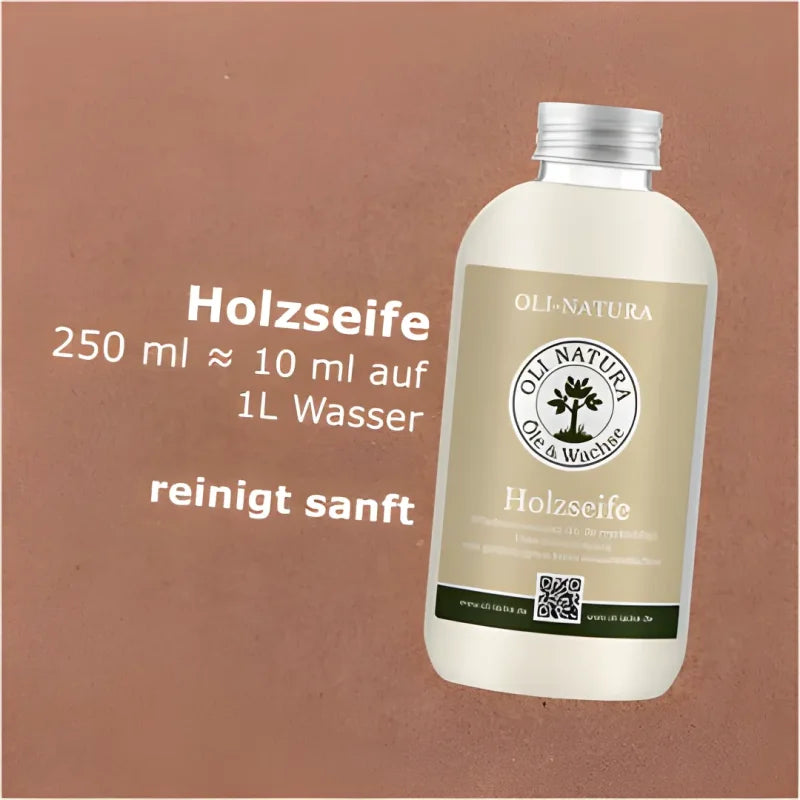 Flasche Holzseife mit natürlichem Etikett für geölte Esstische und Möbel