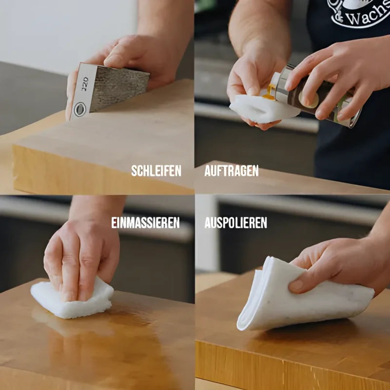 Vier Schritte zum Schärfen und Polieren eines Messers mit dem Holz Pflege-Set