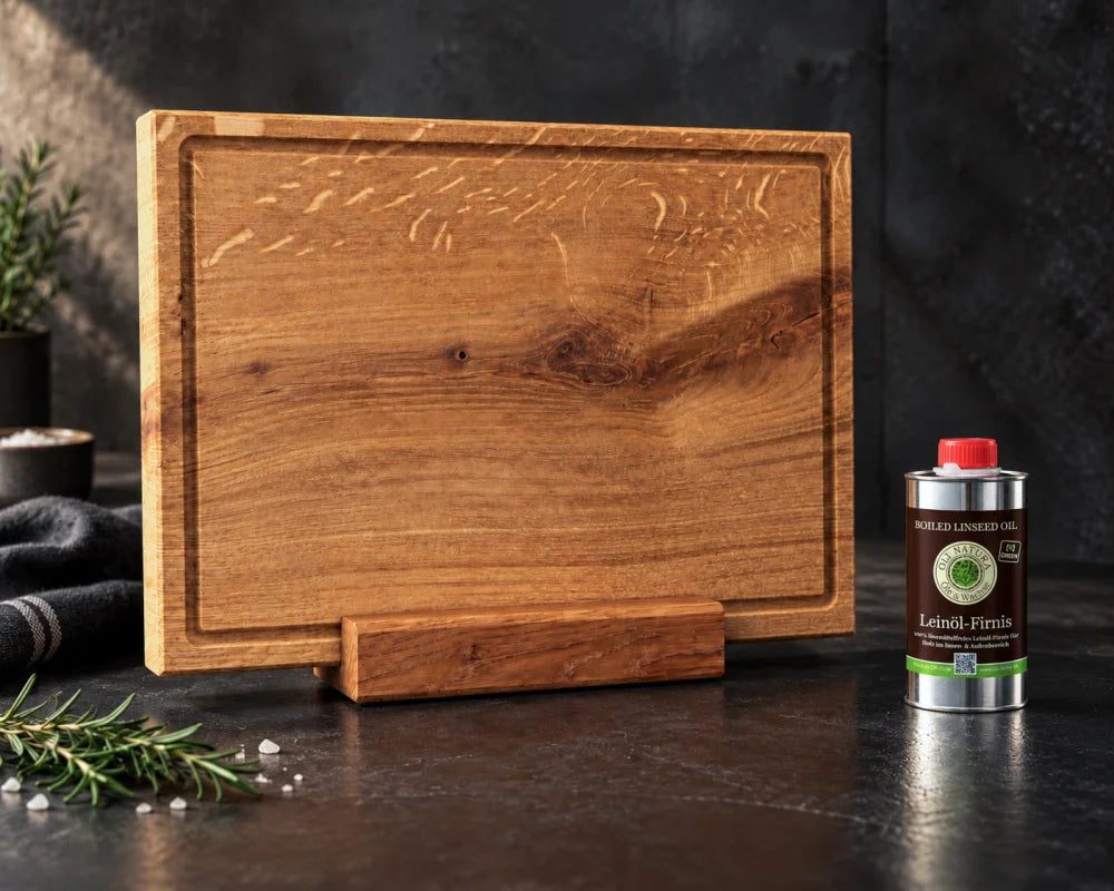 KÜCHENKLASSIKER – Eiche Schneidebrett-Set 40 × 30 × 4 cm mit Ständer & Pflegeöl