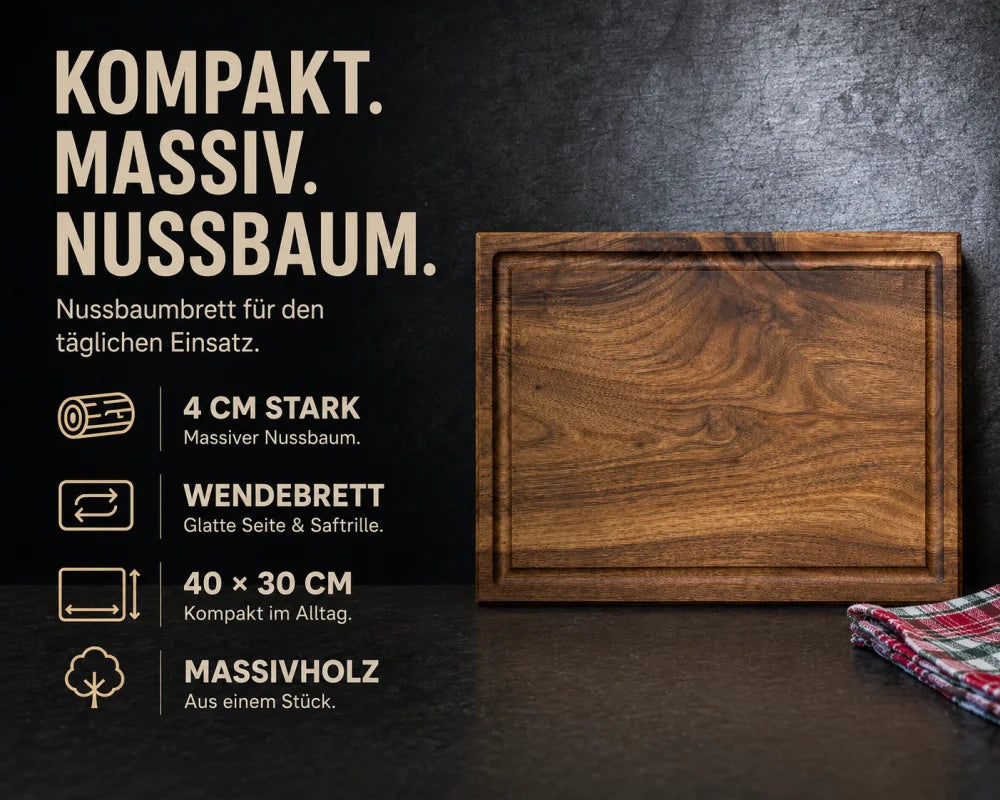 Nussbaum-Schneidebrett 40 × 30 × 4 cm im Magazin-Stil mit Saftrille, massiver Ausführung und kompakter Arbeitsfläche.