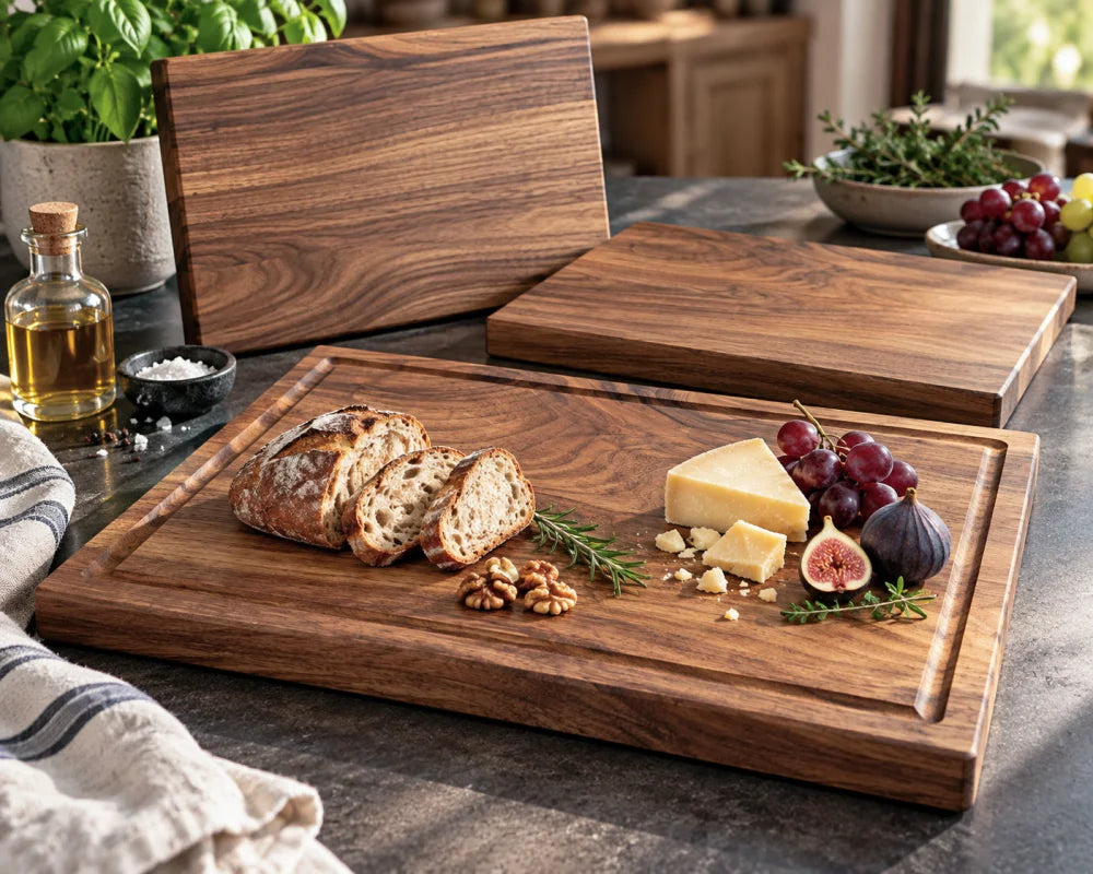 KÜCHENHELD aus Nussbaum-Vollholz mit Hauptbrett und zwei passenden Vesperbrettern als Beispiel für die wählbaren Sets mit 1, 2 oder 4 kleinen Brettern