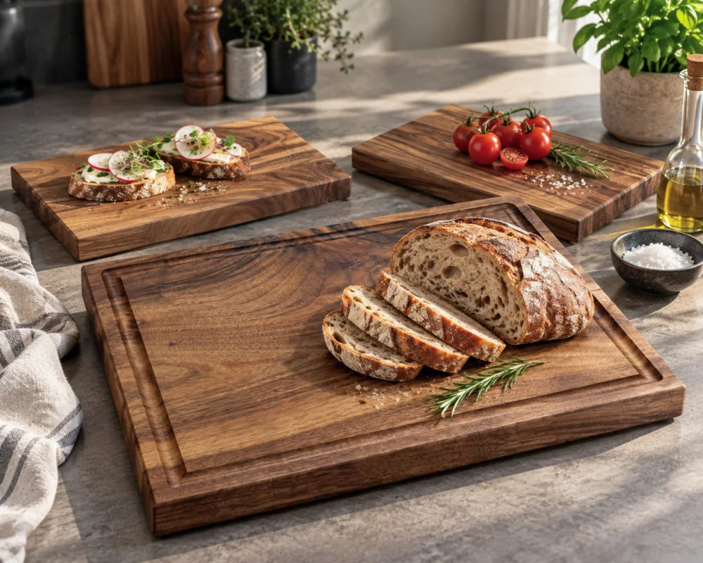 KÜCHENHELD Nussbaum-Schneidebrett-Set: massives Hauptbrett 40 × 30 × 4 cm mit zwei Vesperbrettern 30 × 20 cm als Beispiel-Zusammenstellung; 1, 2 oder 4 kleine Bretter wählbar