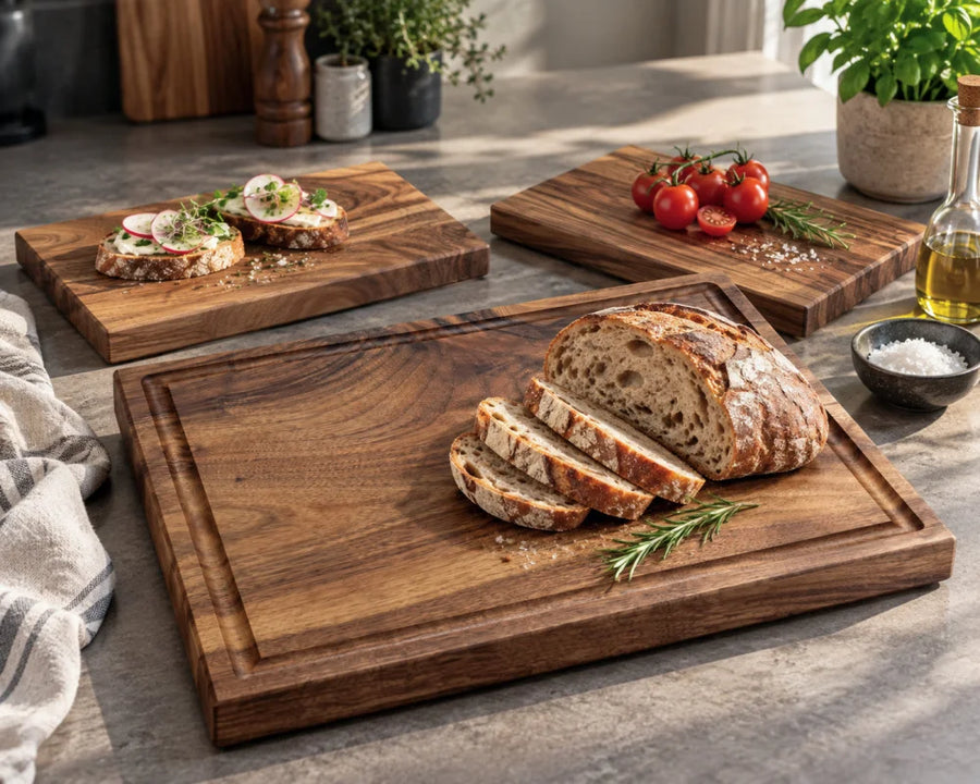 KÜCHENHELD Nussbaum-Schneidebrett-Set: massives Hauptbrett 40 × 30 × 4 cm mit zwei Vesperbrettern 30 × 20 cm als Beispiel-Zusammenstellung; 1, 2 oder 4 kleine Bretter wählbar