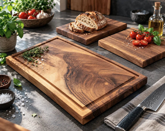 TAFELRUNDE Nussbaum-Schneidebrett-Set mit 50 × 30 × 4 cm Hauptbrett und zwei Vesperbrettern 30 × 20 cm als Beispiel-Zusammenstellung; wahlweise 1, 2 oder 4