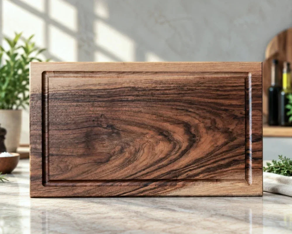 Massives Nussbaum-Hauptbrett 50 × 30 × 4 cm aus einem Stück Vollholz mit Saftrille; in allen TAFELRUNDE-Setvarianten enthalten