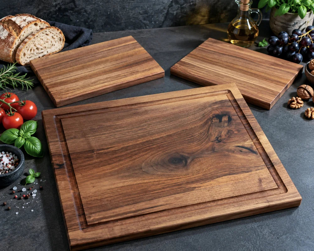 FAMILIENTAFEL Nussbaum-Schneidebrett-Set mit Hauptbrett 50 × 40 × 4 cm und zwei Vesperbrettern 30 × 20 cm als Beispiel-Zusammenstellung; 1, 2 oder 4 wählbar