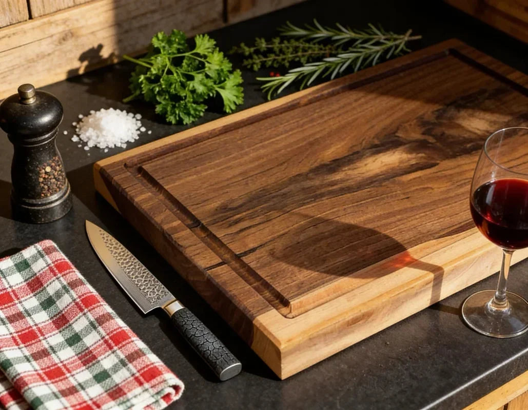 Massives Nussbaum-Schneidebrett 60 × 40 × 4 cm mit Saftrille – großzügige Arbeitsfläche für BBQ