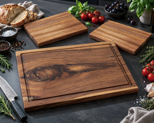 Massives Nussbaum-Schneidebrett 60 × 40 cm mit zwei Vesperbrettern als Bildbeispiel für das individuell zusammenstellbare GASTGEBER-Set