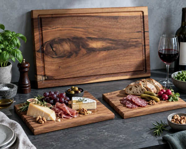 GASTGEBER Nussbaum-Schneidebrett-Set: Hauptbrett 60 × 40 × 4 cm mit zwei Vesperbrettern als Beispiel-Zusammenstellung; 1, 2 oder 4 kleine Bretter wählbar