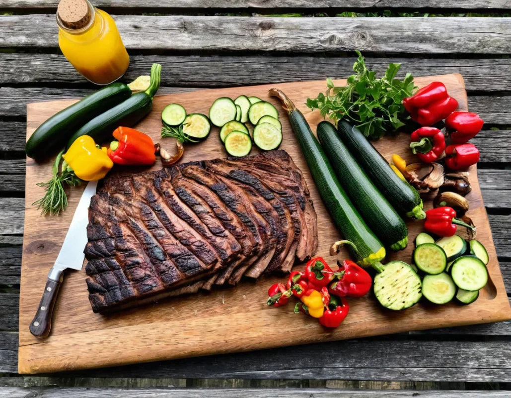 Originalfoto: großes Eichen-Schneidebrett 60 × 40 cm beim Anrichten von Grillgut