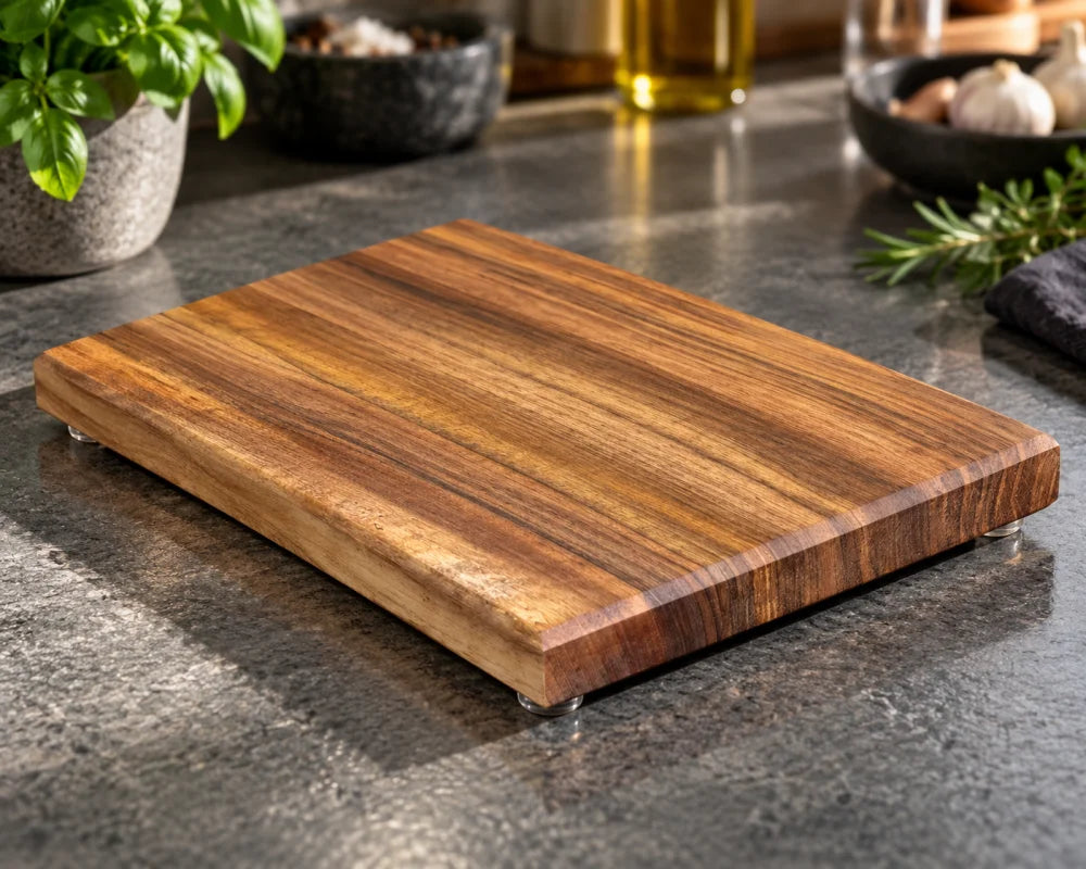 Schnibbelbrett Nussbaum 30 × 20 × 2,5 cm – kleines Schneidebrett mit Gummifüßen