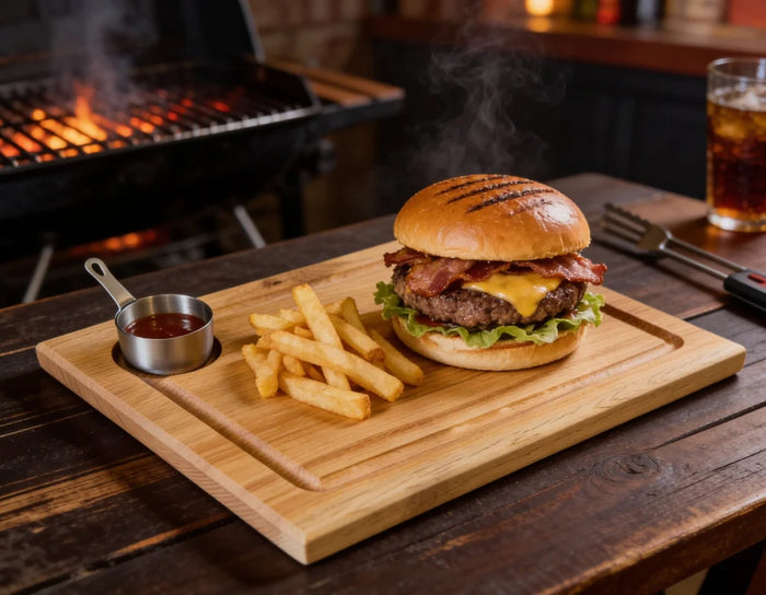 Steak & Burger Brett aus Eiche 35x25x2,5cm mit Dip-Schale